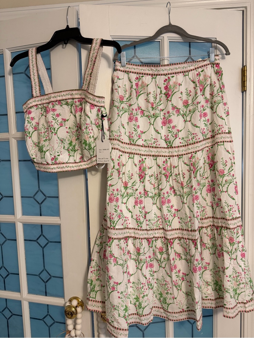 Floral Tiered Maxi Skirt in White and Pink